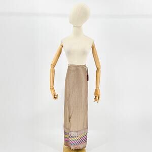 NWT 90s Gold Red 100% Silk Upcycled Indian Sari Wrap Skirt Rainbow Trim